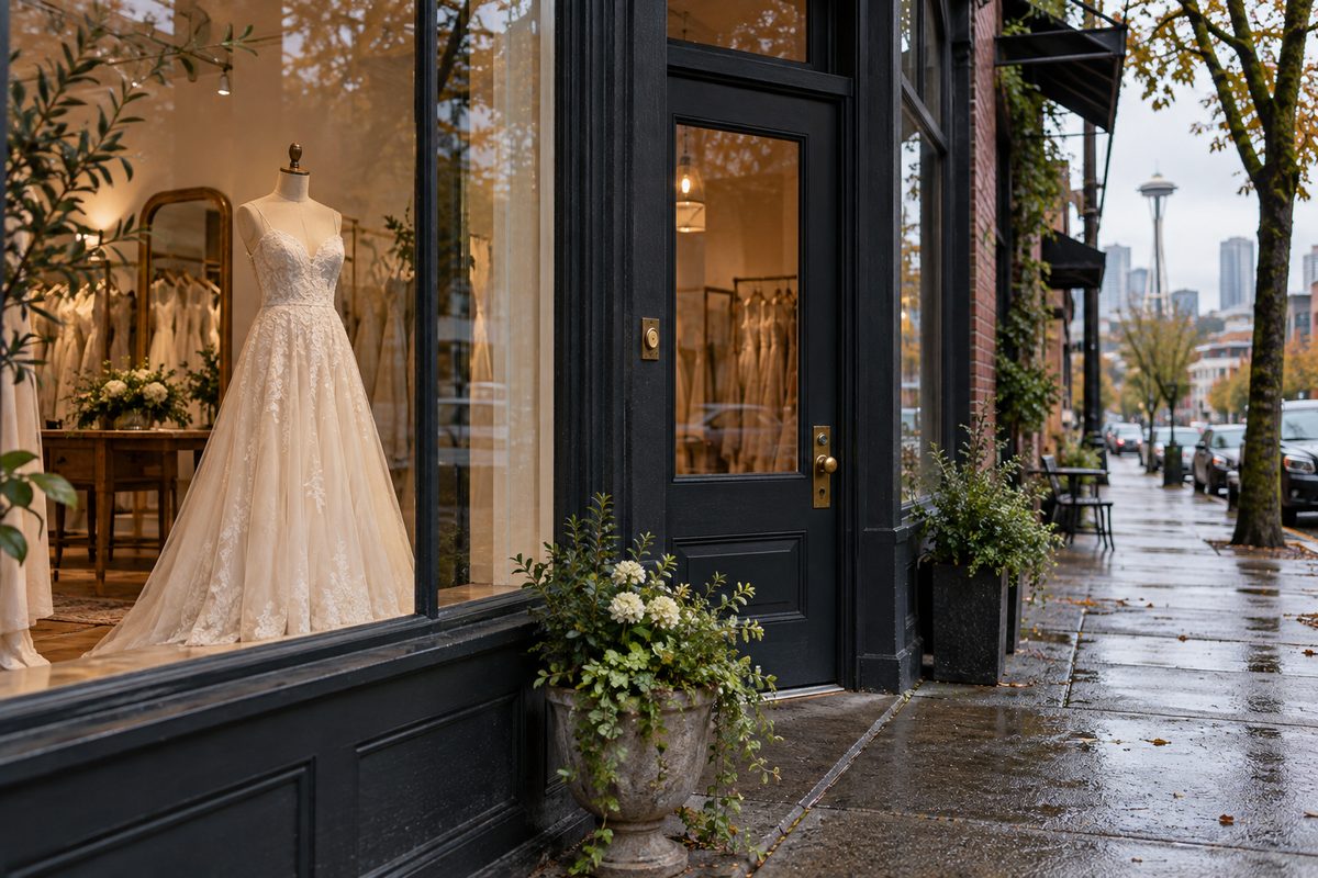 The street door of The Dress Theory bridal boutique on N 45th St in Wallingford, Seattle