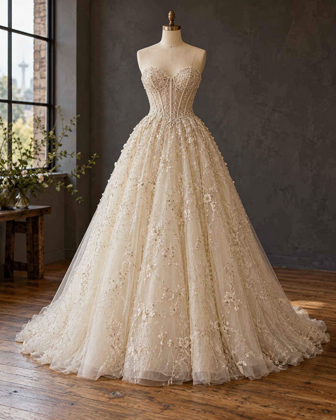 Ivory tulle ball gown with a hand-beaded bodice and a full layered skirt on a dress form