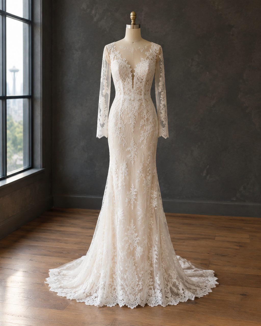Slim ivory Chantilly lace sheath wedding gown on a dress form against warm white paper