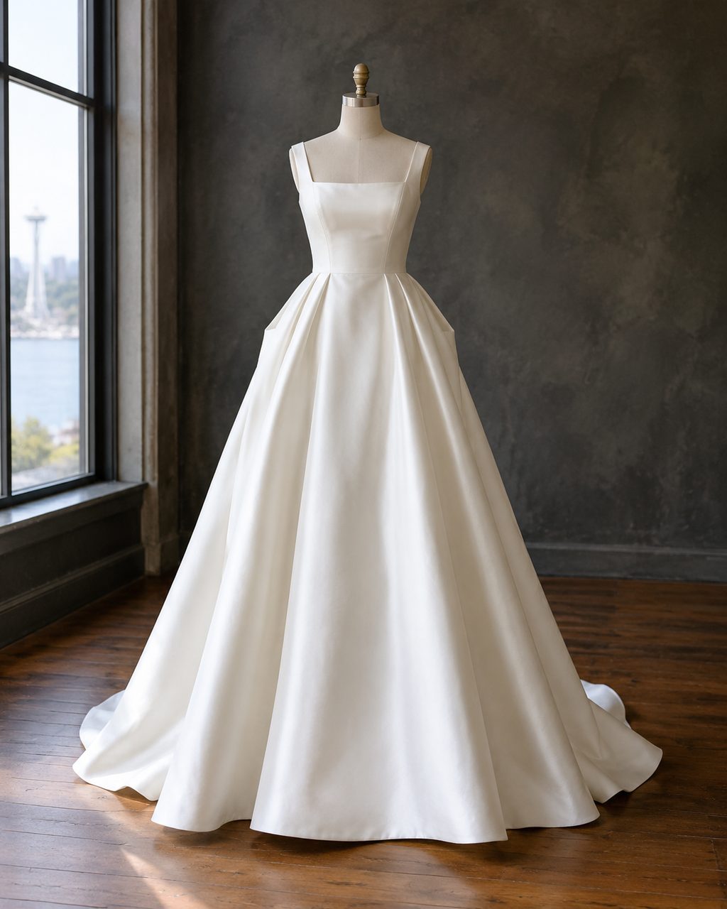 Ivory silk Mikado A-line wedding gown with stitched waist pleats on a dress form against warm white paper