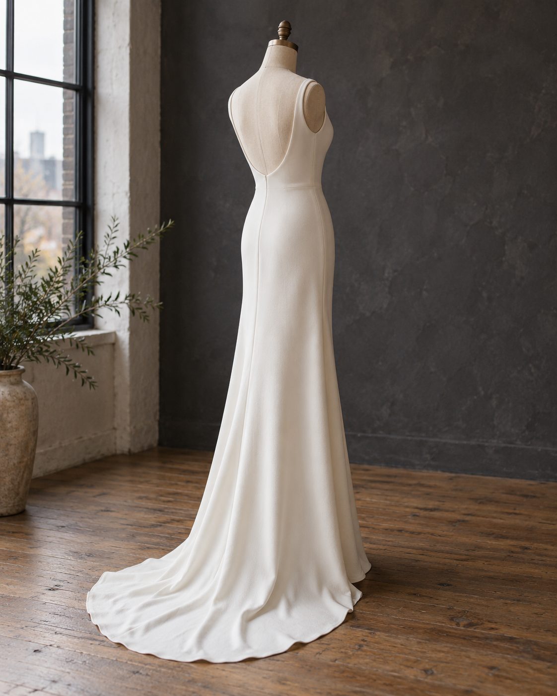 Minimal ivory silk crepe column wedding gown on a dress form against warm white paper