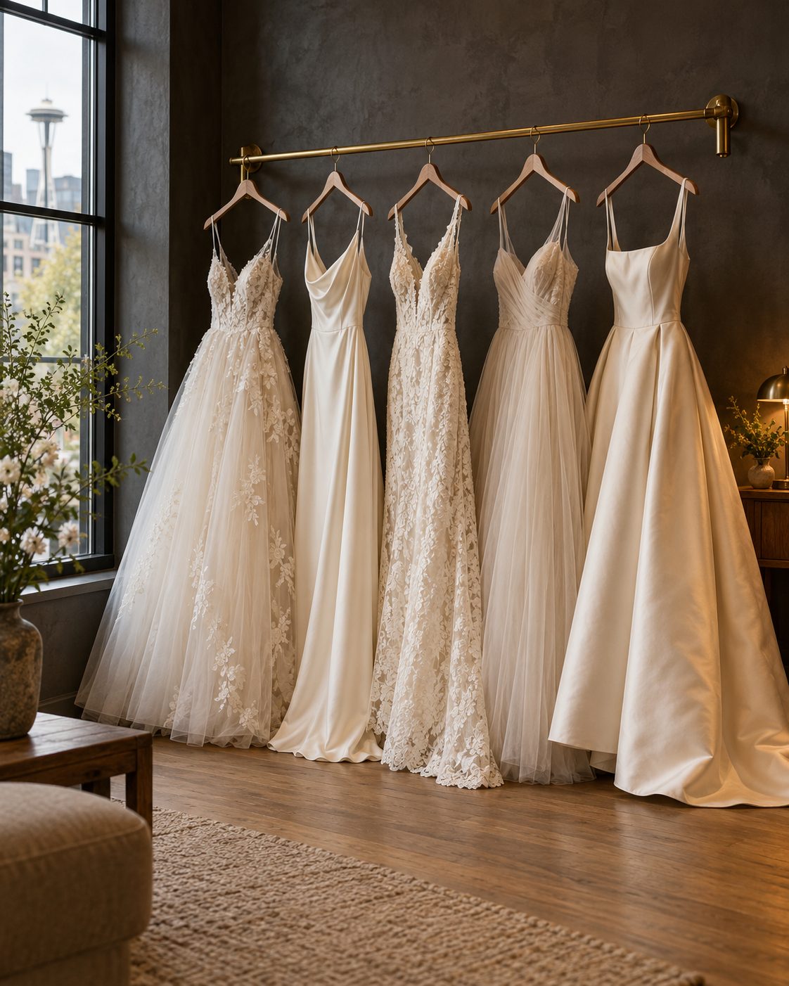 Ivory designer wedding gowns hanging on a rail in The Dress Theory boutique in soft window light