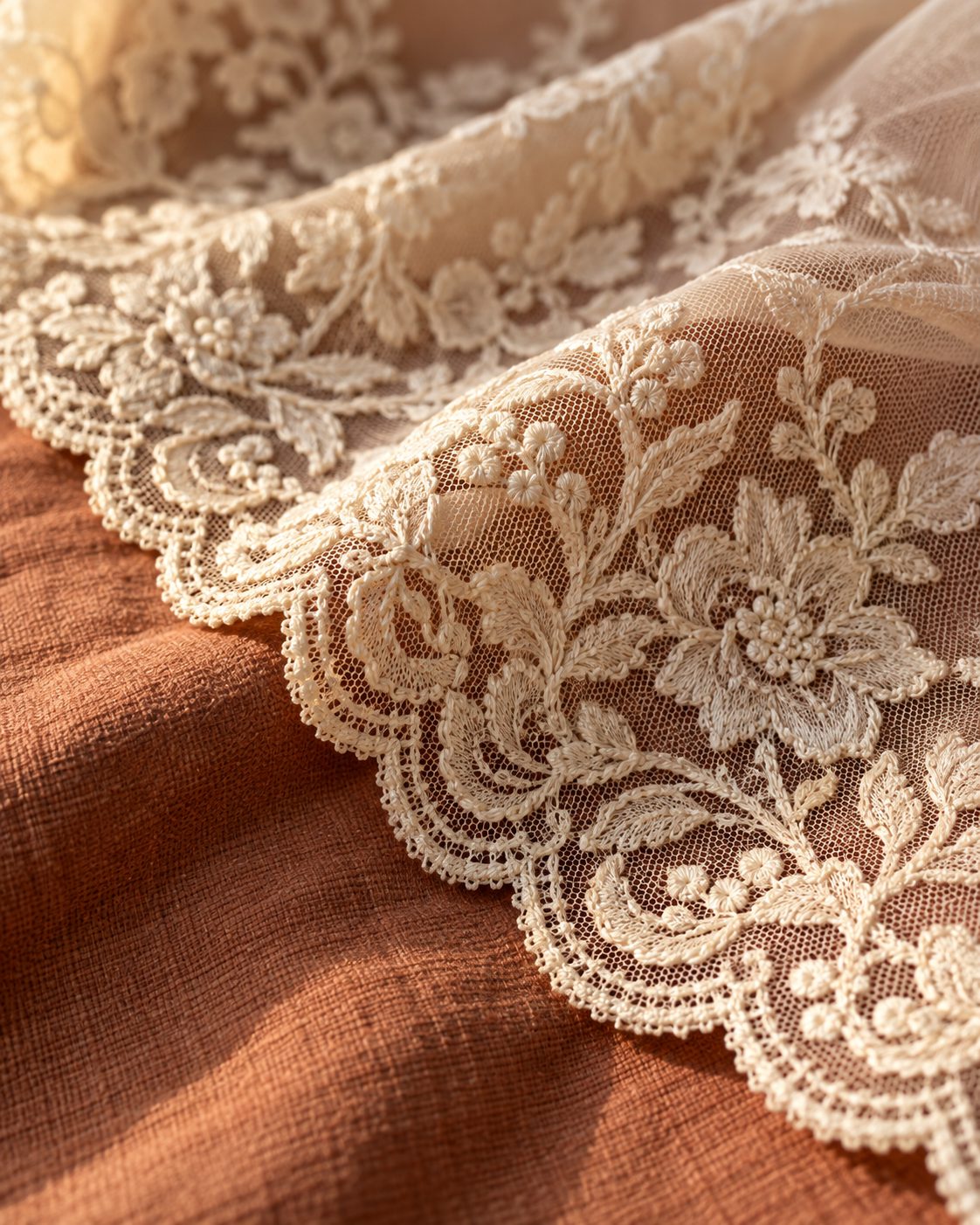 Close detail of ivory Chantilly and corded Alençon lace laid over silk crepe