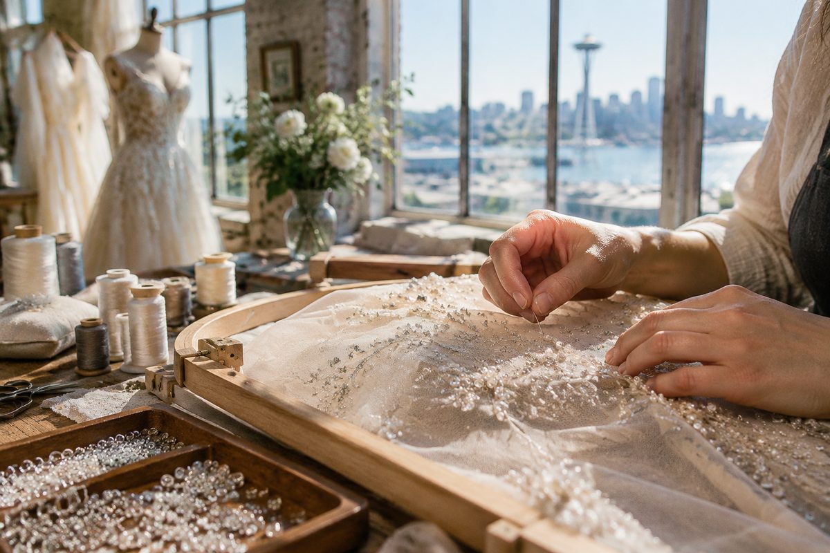 Hands sewing beads onto ivory tulle on a wooden frame in a designer's workroom